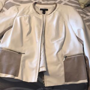 Inc white and gray leather feel jacket.